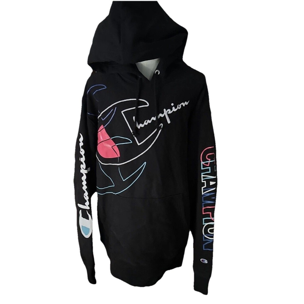 Champion Sz XL Mens Black Reverse Weave Hoodie Sweatshirt Neon Spellout Graphic
